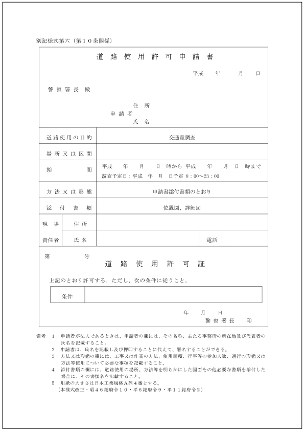 道路使用許可申請書